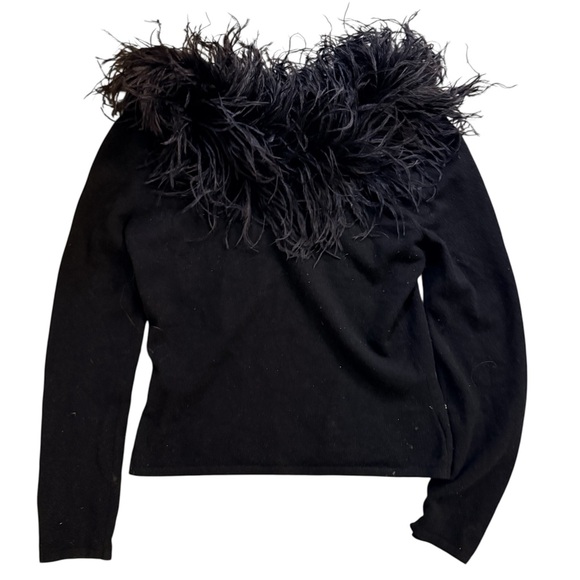 Chic Off-the-Shoulder Black Sweater with Feather Detail